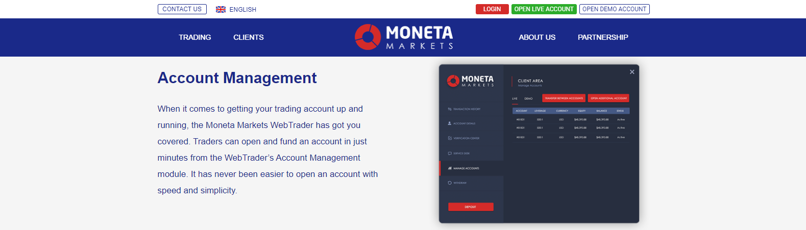 Moneta Markets account management option
